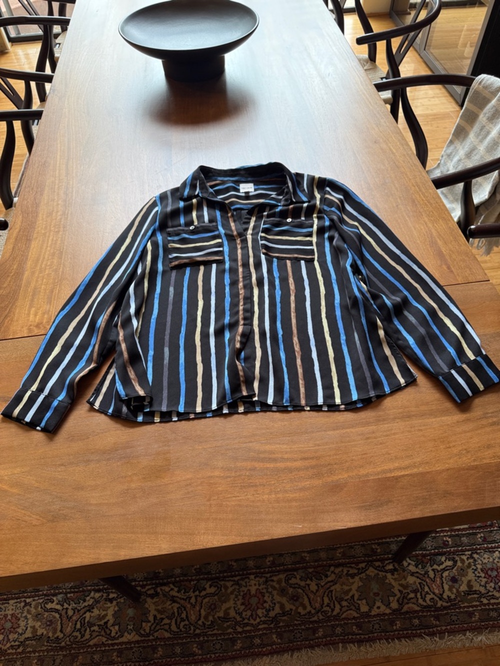 Nik + Zoe Popover Striped Button-Front Blouse in Black with Blue & Cream Stripes
